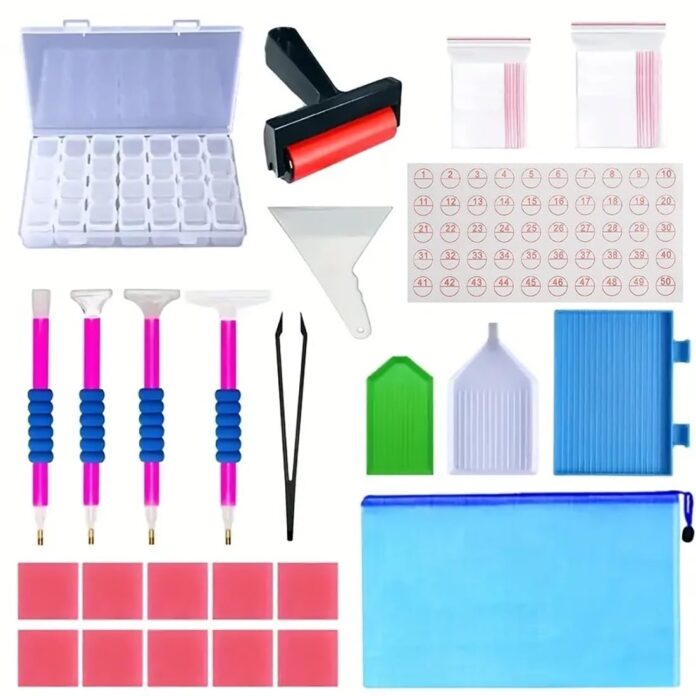 Store2508 5D DIY Diamond Painting Tools with Diamond Roller, Diamond Embroidery Box, Multiple Sizes Painting Pens, Glue Clay, Diamond Trays, Diamond Alignment Correction Tool, Ziplock Bags, Tweezer