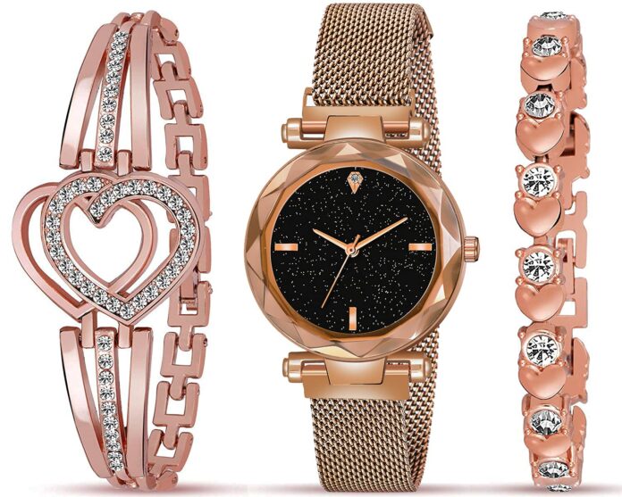 Acnos® Premium Brand - A Watch Analogue Plain Black Dial Magnet Watch with Gift Bracelet for Women Or Girls and Watch for Girl Or Women (Combo of 3)