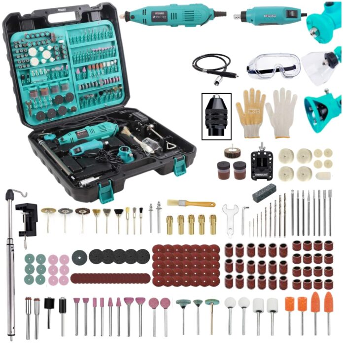 2 Piece Homdum Rotary Tool Kit with 177 pc mini Die Grinder accessories & 3mm chuck, for engraving carving polishing sanding cutting drilling