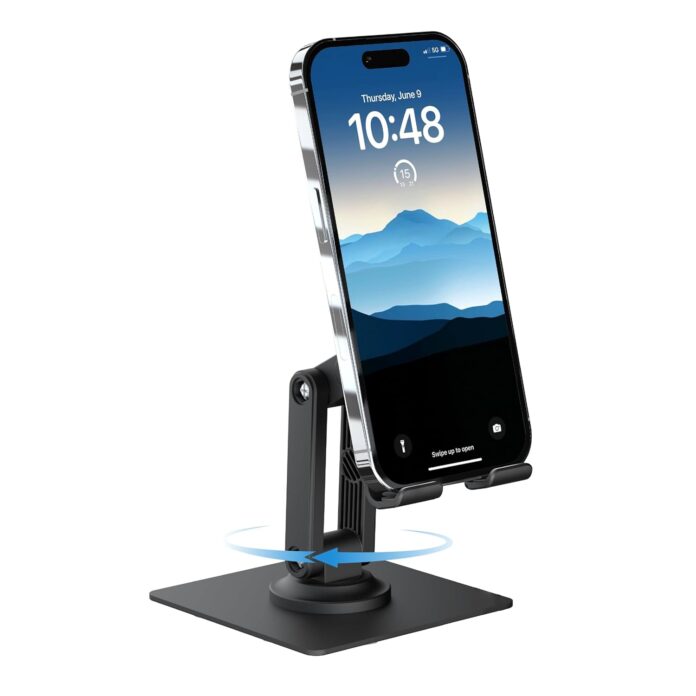 Ambrane 360° Rotation, Foldable Design Mobile Stand with Stable Metalic Round Base, Multiple Height & Angle adjustments Compatible with Smartphones, Tablets, Kindles & iPad (Twistand 360, Black)