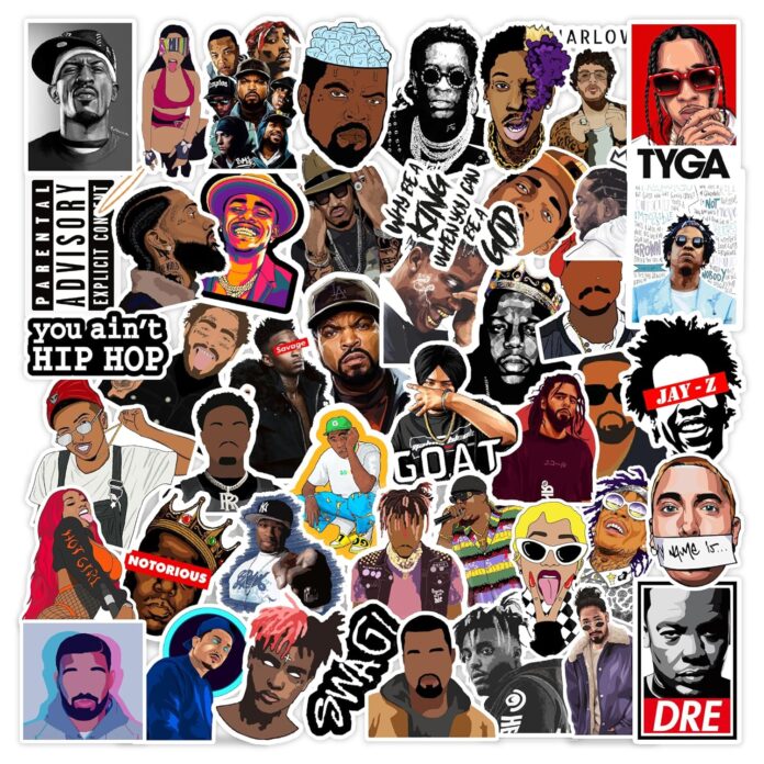 CodersParadise Pack of 52 - Hip Hop Rappers Vinyl Stickers For Laptop, Journal, Guitar, Mobile Phone - Waterproof Residue Free Stickers - Tupac, Mc Stan, Eminem, Divine