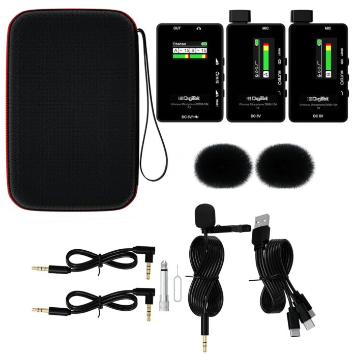 Digitek® DWM 104 Wireless Microphone System, 2 Transmitters 1 Receiver with TFT Display, 150M Range, 10Hrs RX/TX Runtime, Noise Cancellation, Low Cut Function, Mono/Stereo Output, 3.5mm Interface