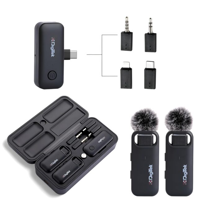 Digitek® (DWM-106 2-in-1 Wireless Microphone System, 80M Range, Noise Cancellation & Reverberation Mode, 360° Sound Capture, Lightning/Type-C/TRRS/TRS Adapter Support for DSLR/Camcorder/Android & iOS