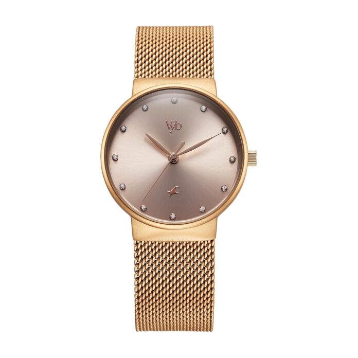 Fastrack Vyb Bliss Quartz Analog Rose Gold Dial Rose Gold Mesh Strap Watch for Women-FV60046QM03W