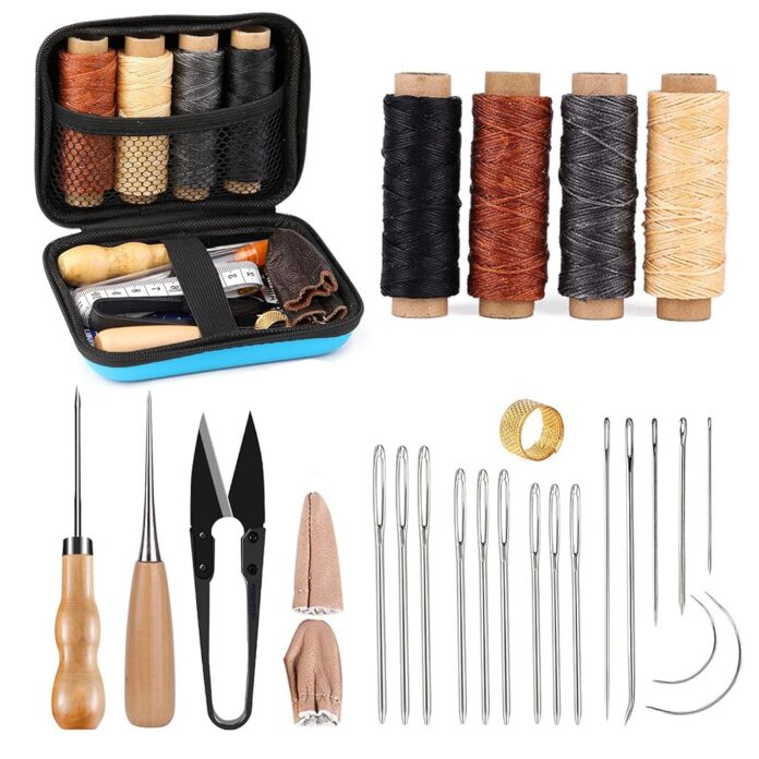 HASTHIP® Leather Sewing Kit, Leather Working Kit with Large-Eyed Stitching Needles, Waxed Thread, Leather Upholstery Repair Kit, Leather Sewing Tools for DIY Leather Craft with Storage Bag