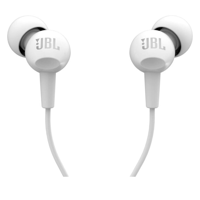 JBL C100SI Wired In Ear Headphones with Mic, JBL Pure Bass Sound, One Button Multi-function Remote, Premium Metallic Finish, Angled Buds for Comfort fit (White)