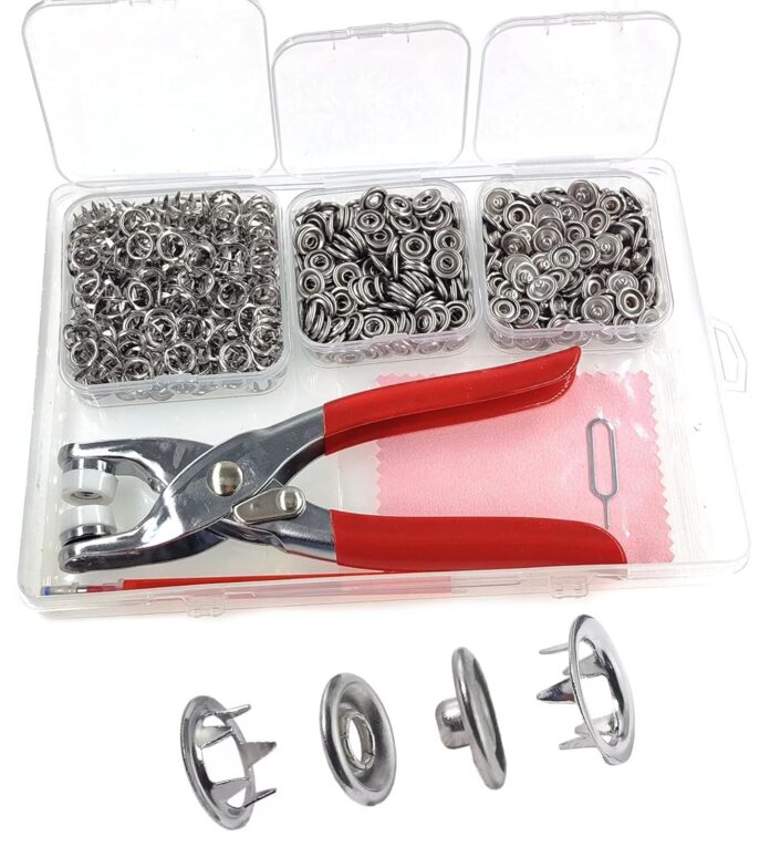 KAXIMON Snap Fasteners Kit 200 Sets, 9.5mm Fabric Snaps Clothing Snaps No Sewing,Stainless Steel Button Snaps with Snap Pliers for Metal Snaps, Press Studs Snap Fasteners Tool Kit for Fabric