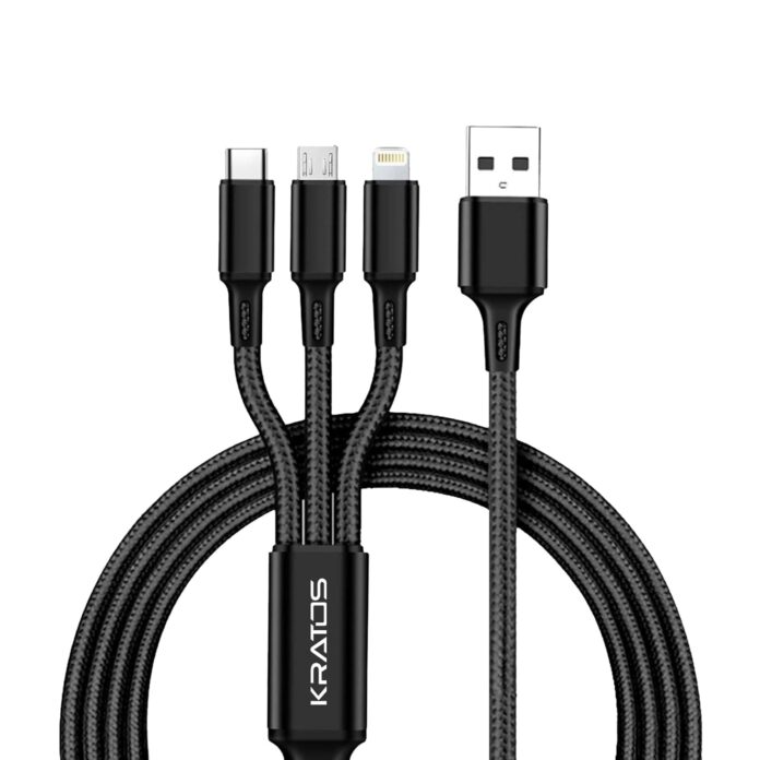 Kratos Unbreakable 1.2 Mtr 3 in 1 Charging Cable with Nylon Braided Long Life Multi charger cable fast charging for lighting, Type C and Micro USB ports, Fast charging cable for Smartphones & Tablets