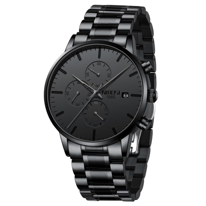 NIBOSI Men's Watches Analog Minimalist Black Dial Watches for Men Business Chronograph Casual Watches with Stainless Steel Strap Date