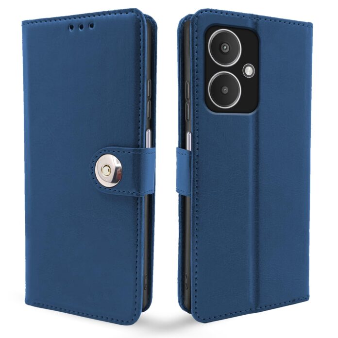 Pikkme Redmi 13C 5G Flip Cover Leather Finish | Inside TPU with Card Pockets | Wallet Stand and Shock Proof | Complete Protection Button Flip Case (Blue)