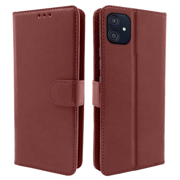 Pikkme Samsung Galaxy M04 / F04 / A04e Flip Cover Leather Finish | Inside TPU with Card Pockets | Wallet Stand and Shock Proof | Magnetic Closing | Complete Protection Flip Case (Brown)