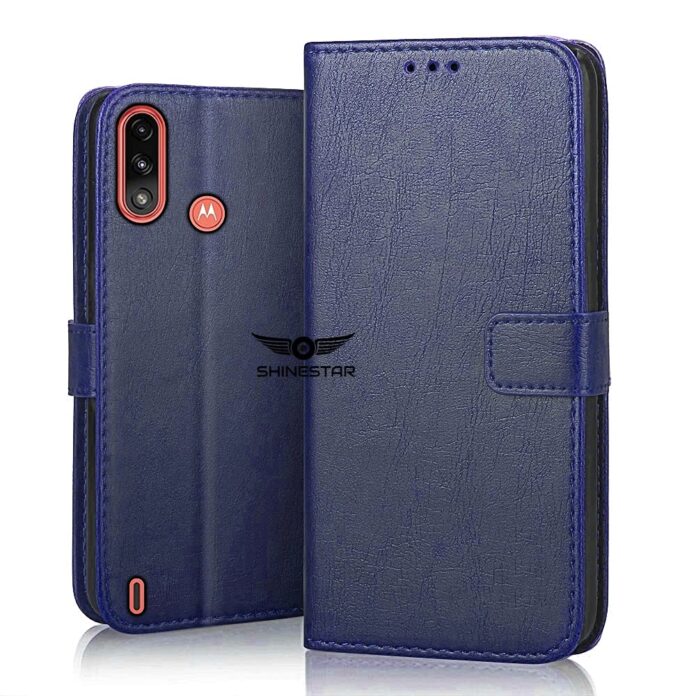 SHINESTAR Moto E7 Power Flip Back Cover | PU Leather Flip Cover Wallet Case with TPU Silicone Back Case Cover for Motorola Moto E7 Power - (Ultimate Blue)