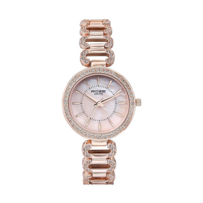 Sonata Poze Quartz Pink Dial Rose Gold Alloy Strap for Women-SP80086WM01W