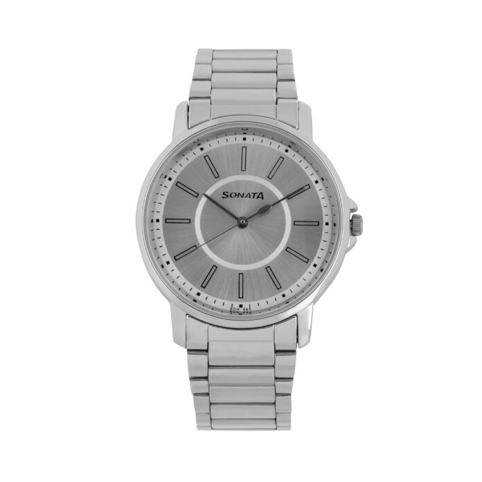 Sonata Quartz Analog Silver Dial Stainless Steel Strap Watch for Men-NS77083SM03