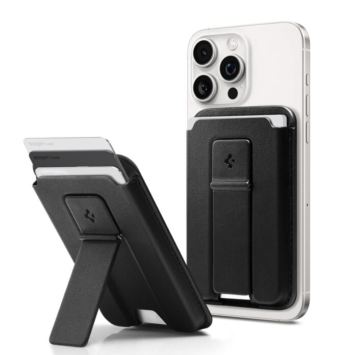 Spigen Polyurethane Smart Fold 2 (Magfit) Magnetic Wallet Card Holder Designed For Magsafe With Kickstand Compatible With iPhone 15, iPhone 14, iPhone 13, iPhone 12 Models - Black