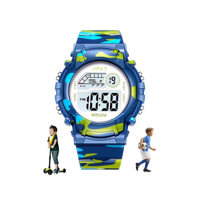 Spiky Round Camouflage Multifunctional Digital Sports Wrist Watch For Kids Boys & Girls | Military Pattern Unbreakable Strap | Luminous | Alarm | 30M Water Resistant | Best Kids gift watch | Best Birthday Gift | Suitable for 3-12 Years