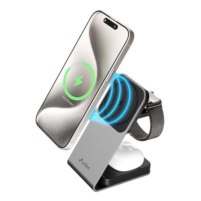 URBN Wireless Charger 3 in 1 Magnetic Mag-Safe Charging Metal Stand for iPhone 15/15 Plus/15 Pro/15 Pro Max, iPhone 14/14 Plus/14 Pro/14 Pro Max,13/12, Airpods 3rd/2nd gen, Series 9/8/7/6/5/4/SE