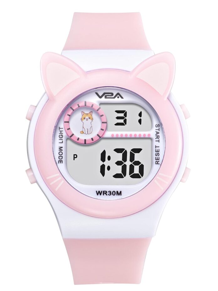 V2A Critter Series Girls Digital Watch with Cat Ears for Ages 3-10 - 7 Color Backlight, 30M Waterproof, Alarm, Stopwatch | Watch for Boys and Girls | Birthday Gift | Return Gift