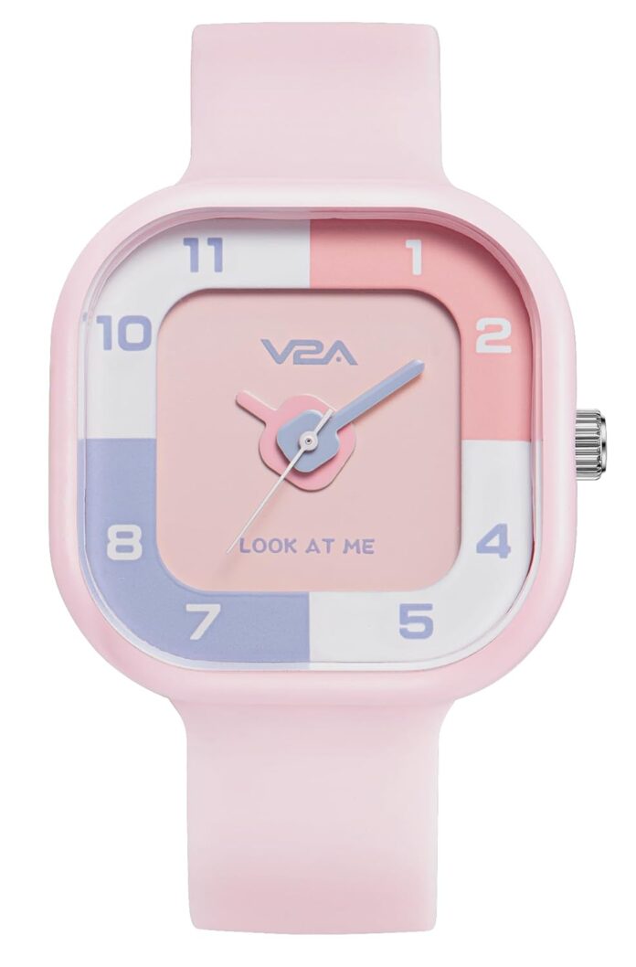 V2A Cute Analog Design Watch for Girl -Child Between 4 to 13 Years of Age Square Printed Dial with Pink Band 30 M Waterproof Watches for Kids Aged 4 5 6 7 8 9, Pink Band