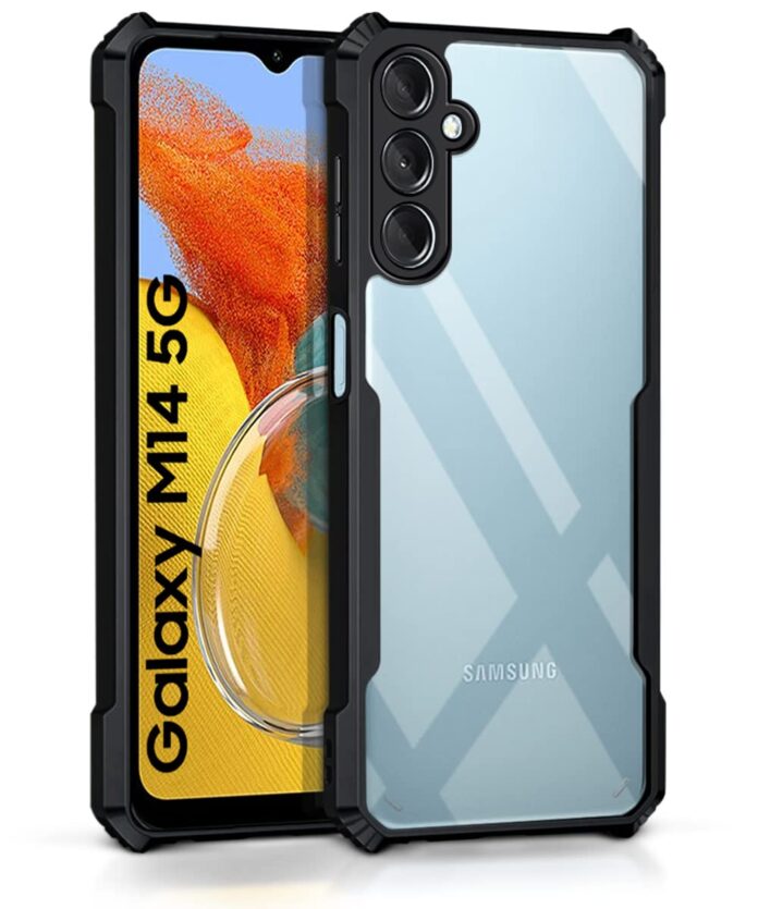 WOW Imagine Shock Proof Clear Back Case Mobile Cover for Samsung Galaxy M14 5G (Hard | Hybrid PC + TPU | Full Armour Device & Camera Protection | Black)