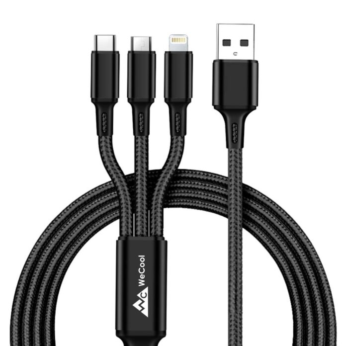 Wecool Nylon Braided 3 in 1 charging cable | Fast charging cable with 3 Ports | Multi pin charging cable | Charging cable to charge Device with Lightning,Type C,Micro USb Port | Charger cable -1.2 Mtr