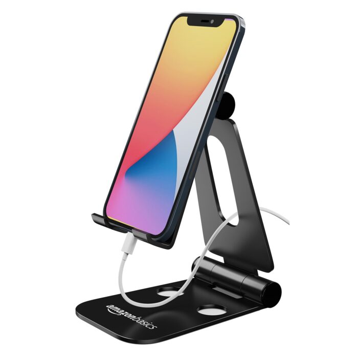 amazon basics Aluminum Adjustable Mobile Phone Foldable Tabletop Stand Dock Mount for All Smartphones, Tabs, Kindle, iPad (Black)