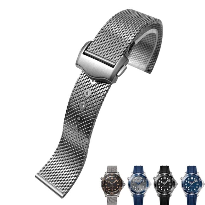 AMSOH 20mm Titanium Steel Watch Band Mesh Folding Buckle Watch Strap For Omega Seamaster 007 For Men Bracelet