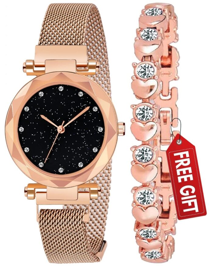 Acnos Premium Analogue Women's Rose-Gold Magnet Watch With Rosegold Bracelet With Gift Box - Metal