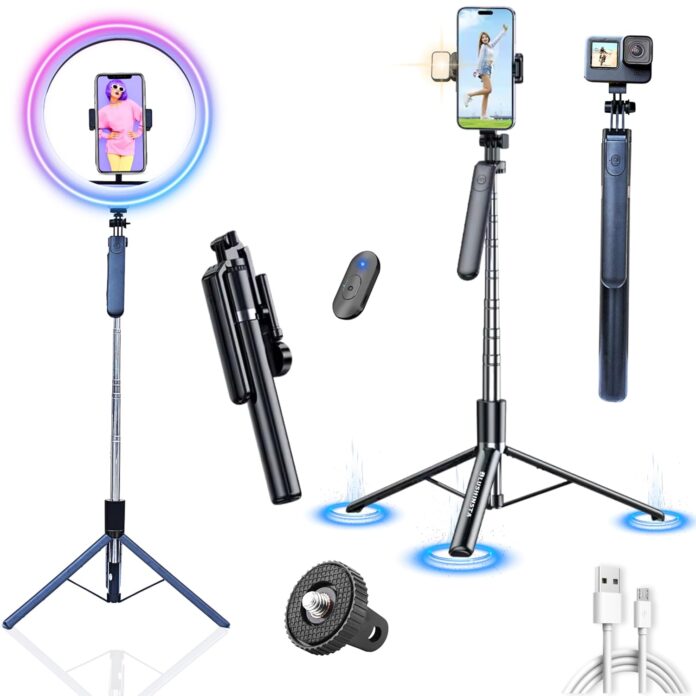 Blushinsta S64S Selfie Stick with Tripod and Remote Control - 360° Rotation, Full Stability, Compact Design, Compatible with Android Smartphones - Single Light