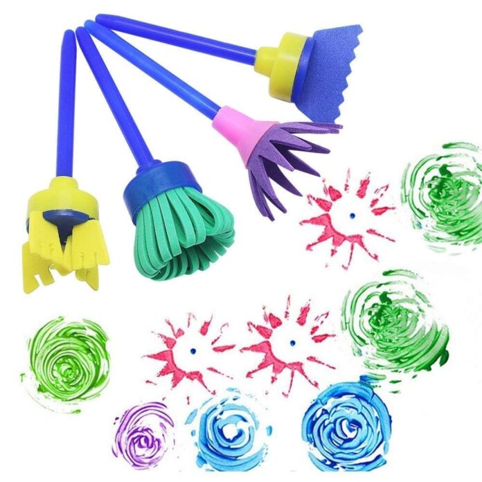 Brille Bee Sponge Stamp Foam Painting Brushes, Flower Shapes, Art Paint Drawing Tools, DIY Graffiti Stamps for Kids Early Learning (Foam Brush 4pcs)