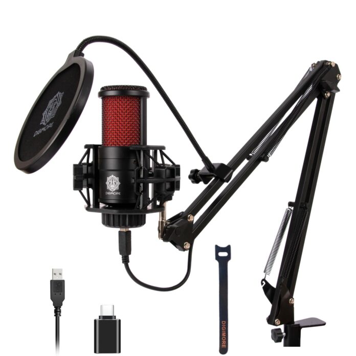 DIGIMORE USB Condenser Microphone Kit | 192kHz/24bit | BoomArm, Pop Filter, Mic Cover, Shock Mount, Tripod & 2.5M USB Cable | Podcasting, Gaming, Singing & Live Streaming (D-500)