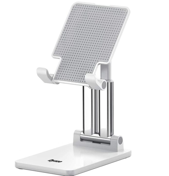 Dyazo Desktop Height Adjustable Foldable Mobile Phone Stand, Stable, Durable Compatible with All Devices Measuring from 4″ to 10 Inches - White