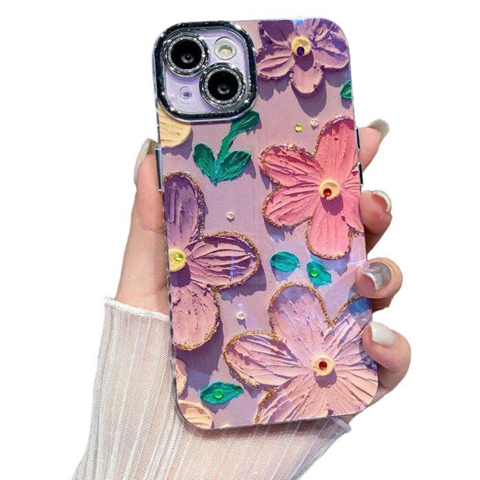 Elzzi Compatible with iPhone 14 Case 3D Laser Flower Oil Painting Cute Colorful Blue Ray Bumper with Full Camera Protection Shockproof PC+TPU Glossy Shiny Cover for Girls Women, Purple+Pink