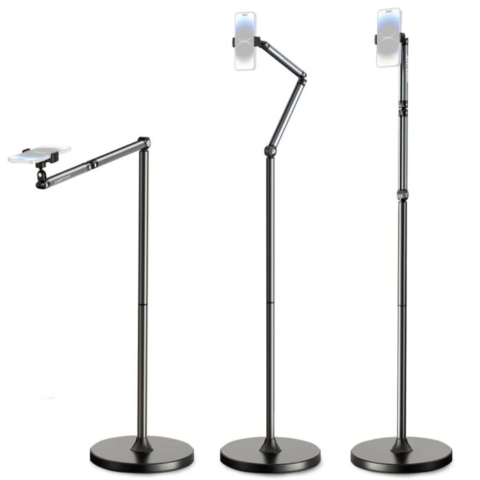 FKU Cell Phone Floor Stand Double-Section Holder Stand with 1.96/5.25 ft Height & 5.73lb Stable Base, Compatible ≤ 6.5‘’ Cell Phone for Live Streaming, Filming, Meeting