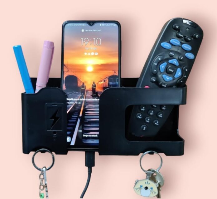 GEOCARTER S 4-In-1 Wall Mount Mobile Holder -Multi-Purpose Remote Holder Organizer & Charging Stand For Mobile/Ac/Black Plastic Mobile Stand Storage Case, Pack-1, Portable Electronic Devices