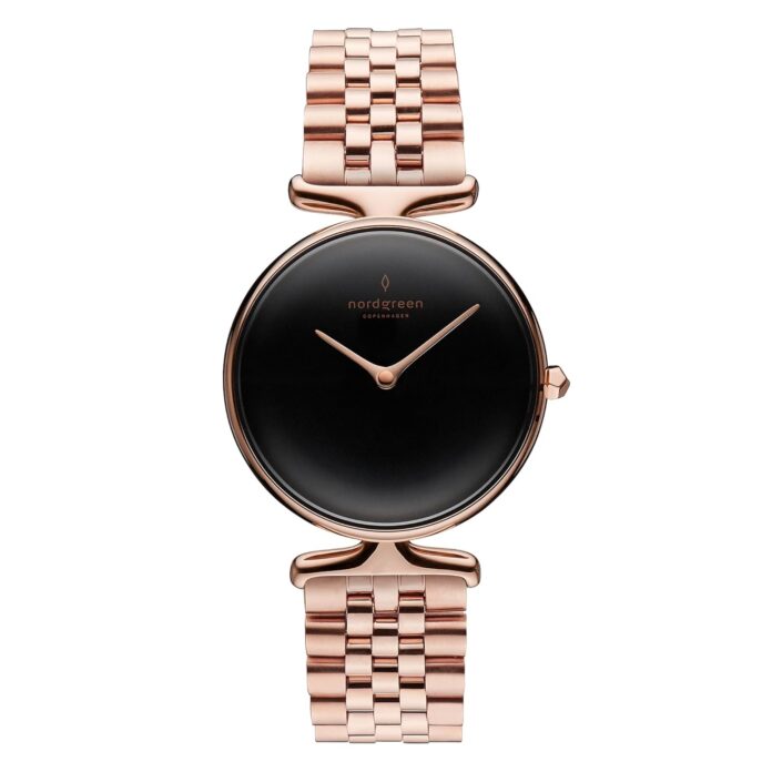 Nordgreen Stainless Steel Un32Rg5Lrobl Unika Analogue Watch For Women, Black Dial, Rose Gold Strap