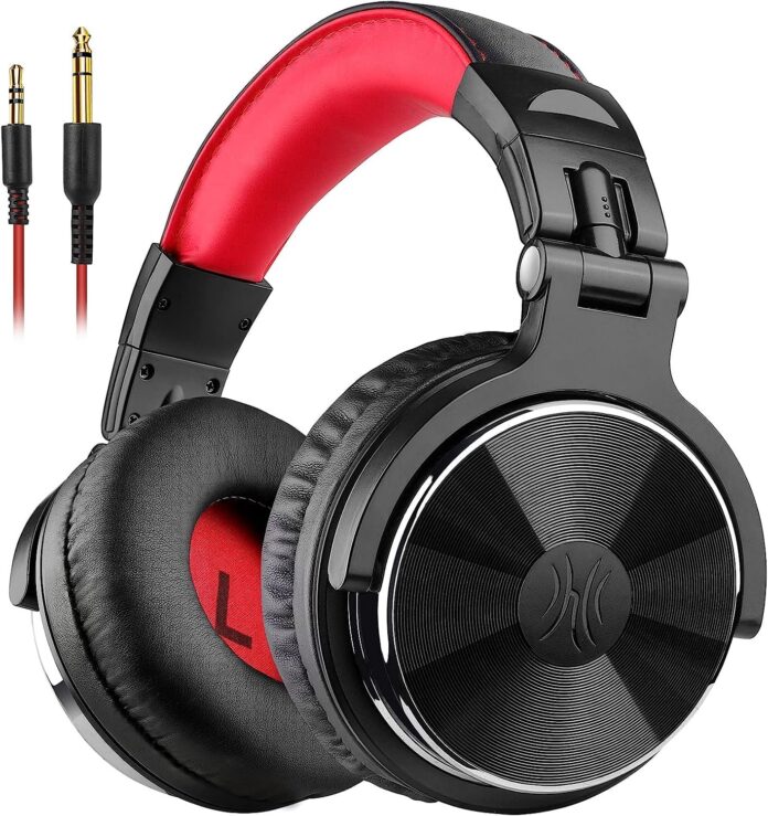 OneOdio Pro-10 Over Ear Headphone, Wired Bass Headsets with 50mm Driver, Foldable Lightweight Headphones with Shareport and Mic for Recording Monitoring Podcast Guitar PC TV (red)