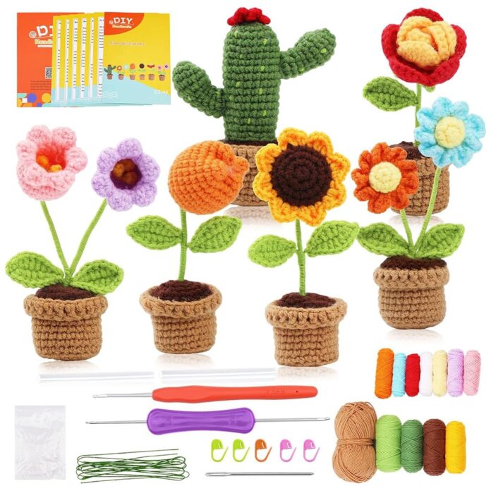 PATPAT® DIY Crochet Flower Pot Material Kit Cactus Flowers Crochet Desk Decor Material Kit with Tools & Tutorial Starter Friendly Crochet Flower Material Kit DIY Crochet Christmas Gift, Desk Decor