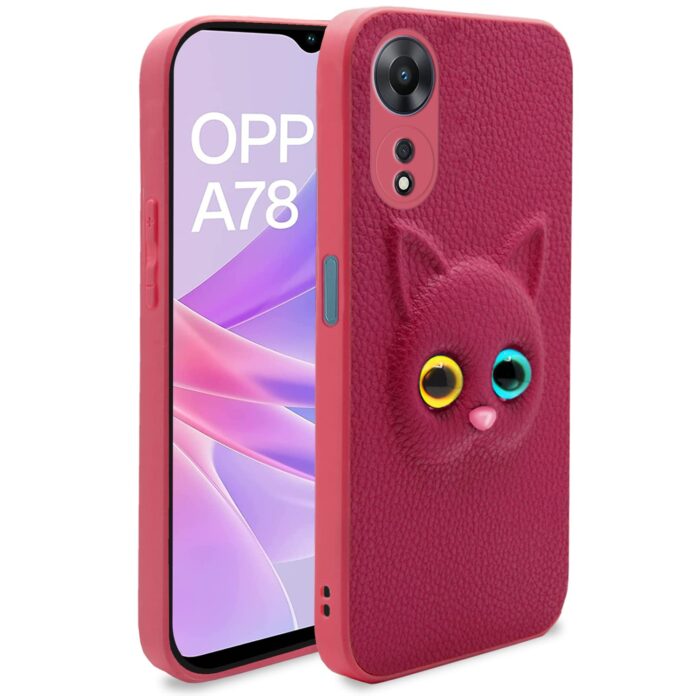 Pikkme Oppo A78 5G Back Cover for Girls | Cute Cat Leather Finish | Soft TPU | Case for Oppo A78 5G (Pink)