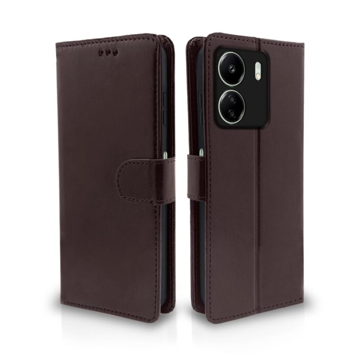 Pikkme Redmi 13C 4G | Poco C65 Flip Cover Leather Finish | Inside TPU with Card Pockets | Wallet Stand and Shock Proof | Complete Protection Flip Case (Coffee)