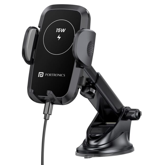 Portronics Charge Clamp 2 Mobile Holder with Wireless Charging with 15W Wireless Output, 360° Rotation, 270° Adjustable Angles, LED Display, Type C Charging Port, 1M Type C Cable(Black)