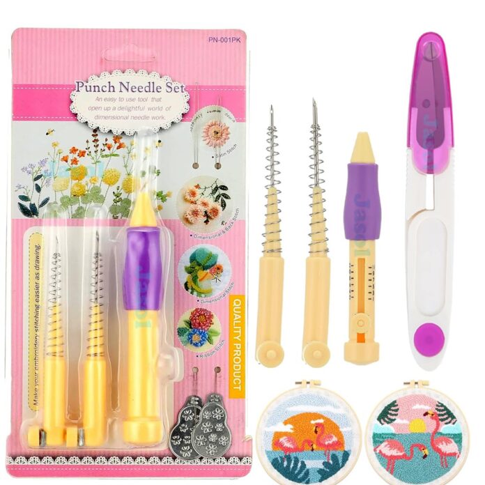 Punch Needle Embroidery Set with 3 Sizes Needle Pen Kit, Thread Cutter Cap Tool for DIY Craft, Sewing, Knitting, Embroidery Needle Punch Pink