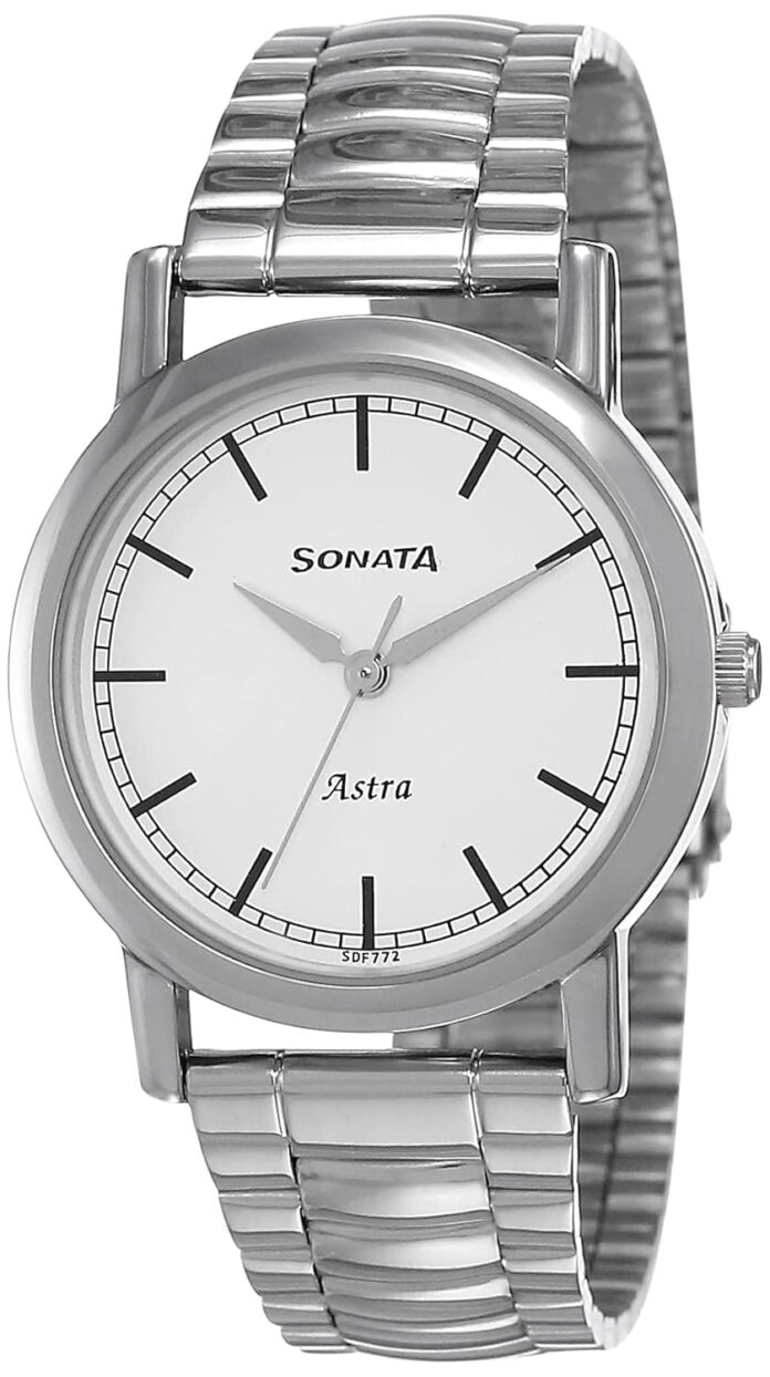 Sonata Quartz Analog White Dial Stainless Steel Strap Watch for Men-NR77049SM02