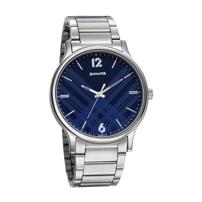 Sonata Smart Plaid Quartz Analog Blue Dial Stainless Steel Strap Watch for Men-NR77105SM01W