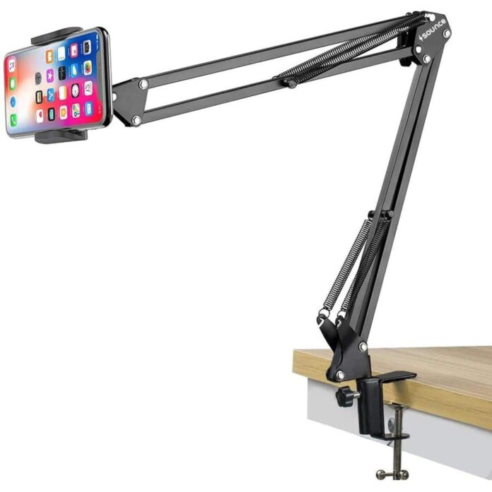 Sounce Lightweight Tabletop Stand Phone Holder, Metal Long Lazy Arm and Bracket for All Mobile for Video Recording, Streaming Video, Office, Compatible Upto 4-7 Inches [Black]