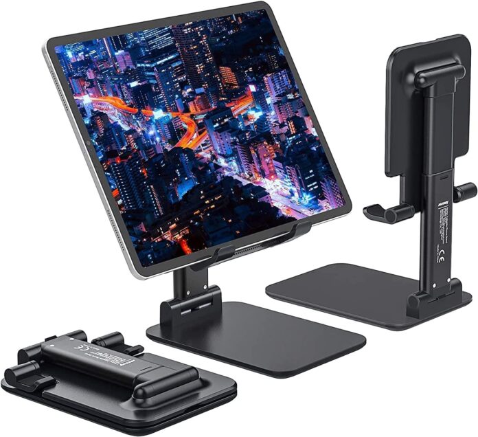 Sounce Tabletop Adjustable Cell Phone Stand, Foldable Portable Phone Holder Stand with Height Adjustable Cradle, Stable and Easy to Use Compatible for All 4-8 inches Smartphones (Black)