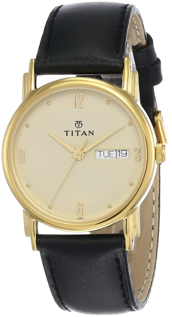 Titan Karishma Champagne Dial Analog with Day and Date Leather Strap Watch for Men-NM1445YL05