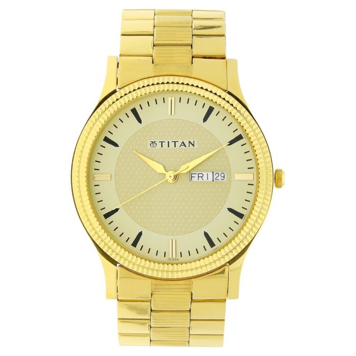 Titan Quartz Analog with Day and Date Golden Dial Stainless Steel Strap Watch for Men-NS1650YM04