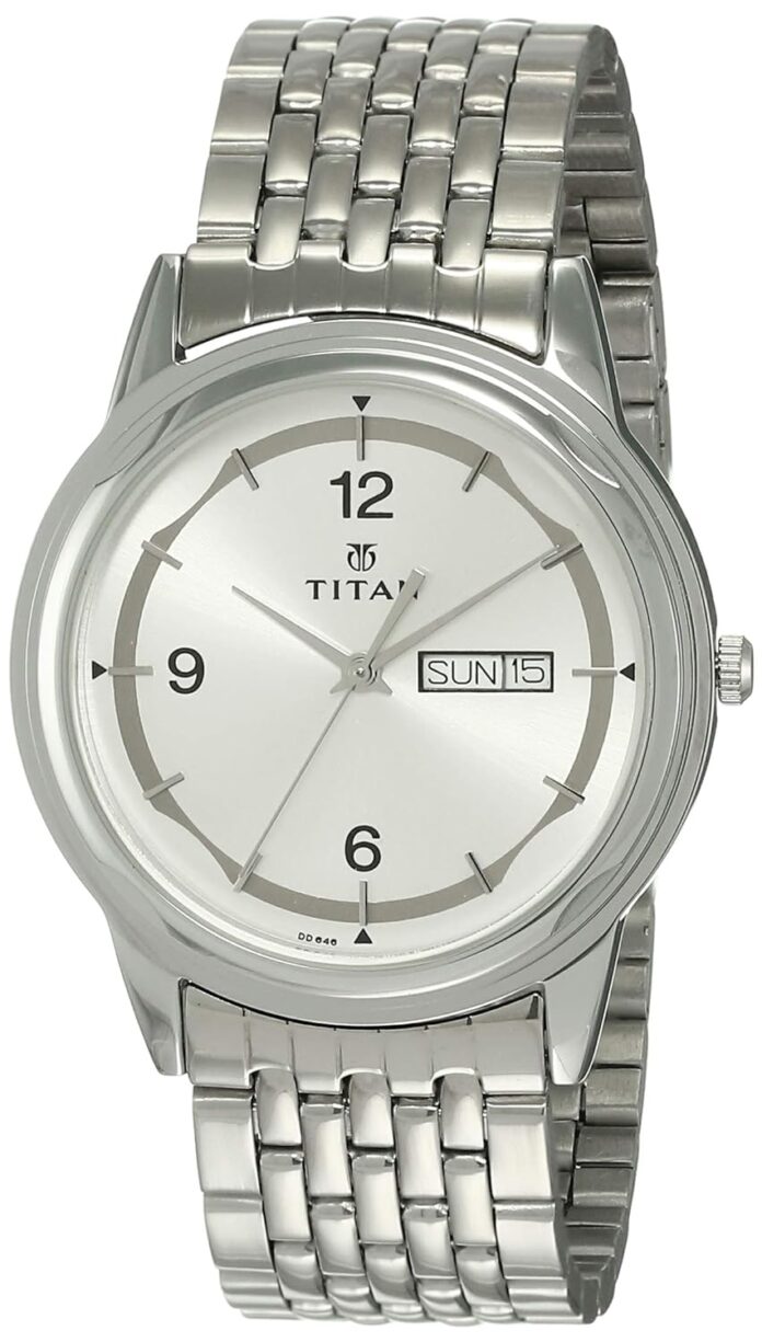 Titan Quartz Analog with Day and Date Silver Dial Stainless Steel Strap Watch for Men-NK1638SM01