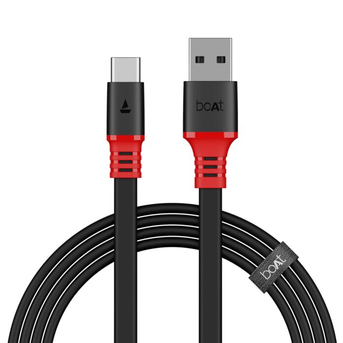 boAt Type C A750 6.5A Super Fast Charging Flat Cable Cable w/Stress Resistance, Upto 65W/6.5Amp & Compatible w/Xiaomi, Oneplus, Samsung, Vivo, Oppo,480 Mbps Data Transmission Speed(Rebellious Black)